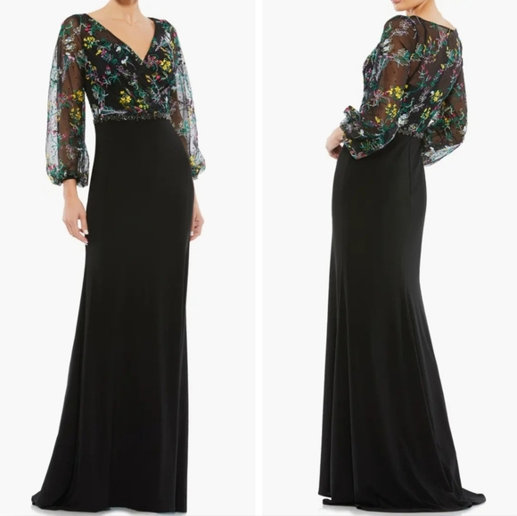 Mac Duggal Embroidered Mesh Long Sleeve Column Gown Black Multi Sz 16 - Picture 1 of 8